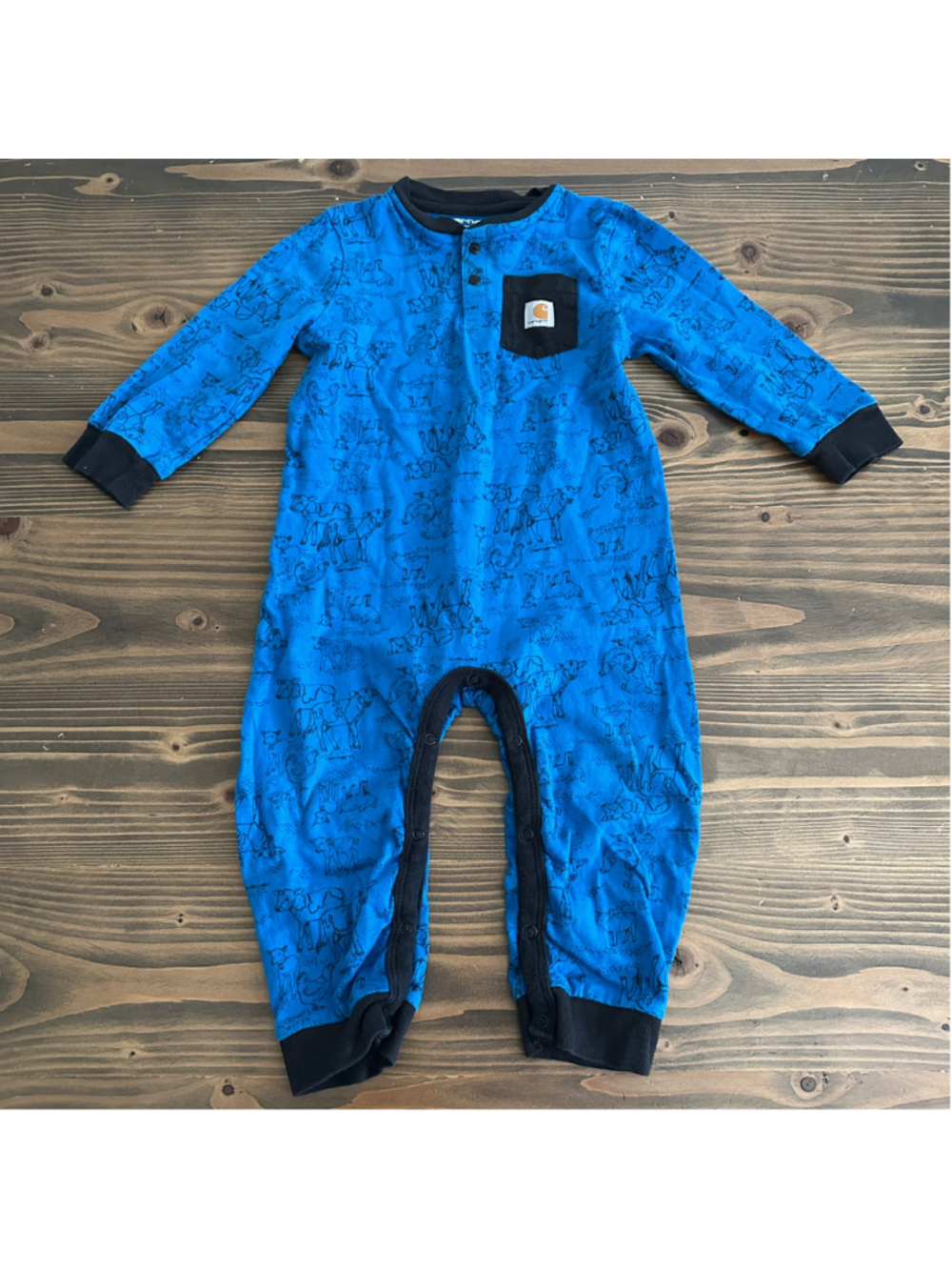 Carhartt Baby Farm Animal Footie Romper 18 Months Blue Black Cow Pig Chicken